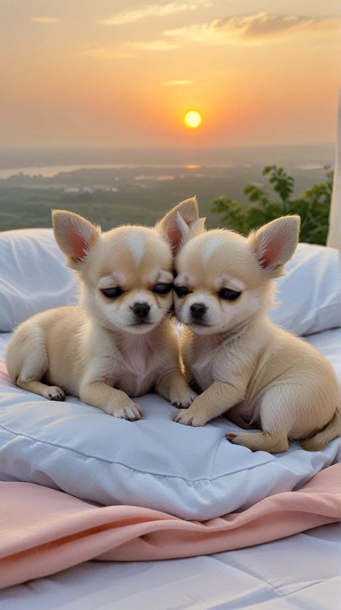 With the sunset in the background,(masterpiece:1.2, high quality), Two Chihuahua puppies sleeping together on a bed、