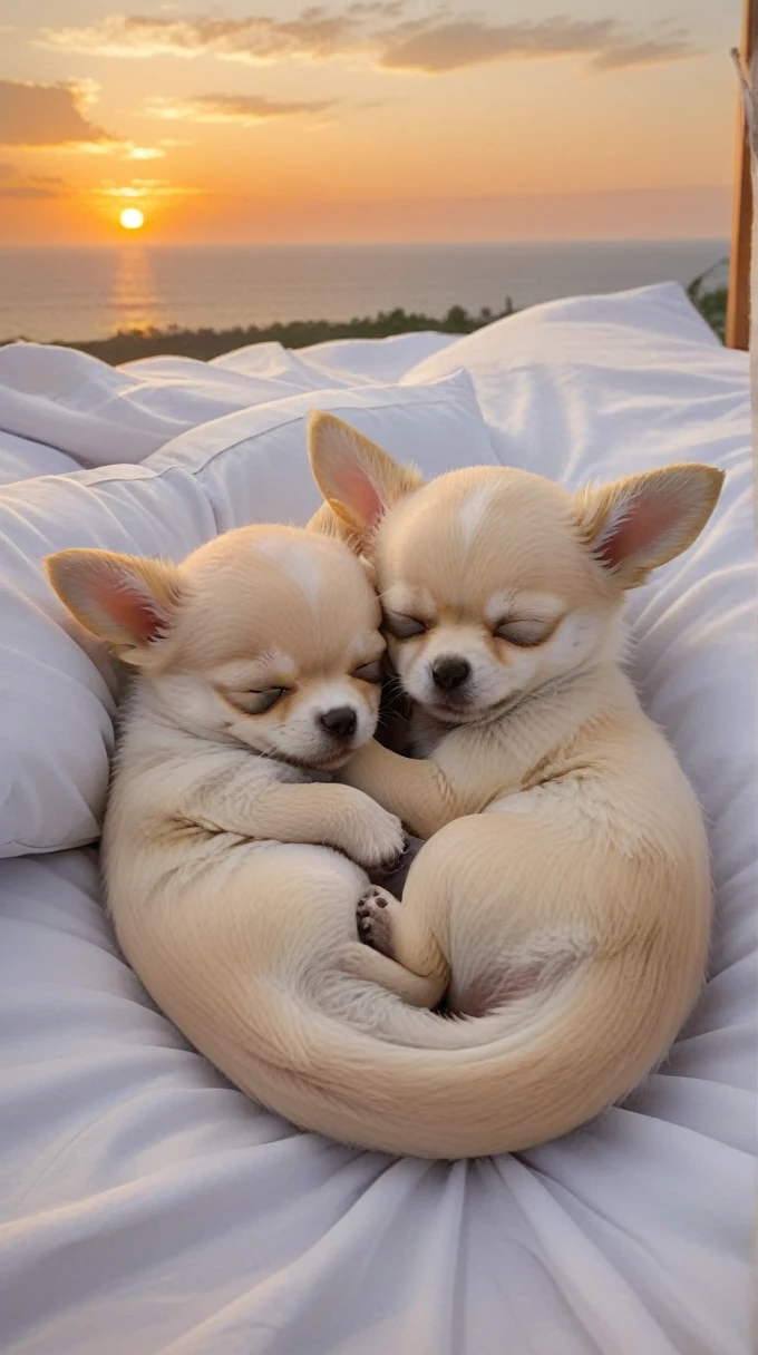 With the sunset in the background,(masterpiece:1.2, high quality), Two Chihuahua puppies sleeping together on a bed、