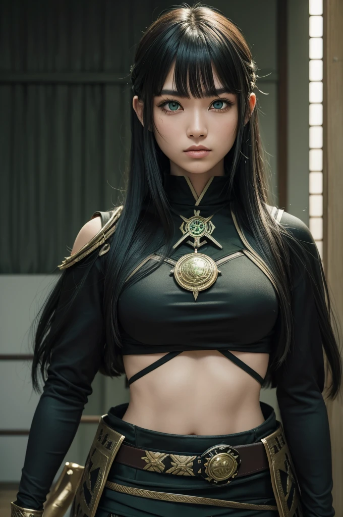 a Japanese , green eye color and hair with bangs, cor preto. 
warrior outfit 