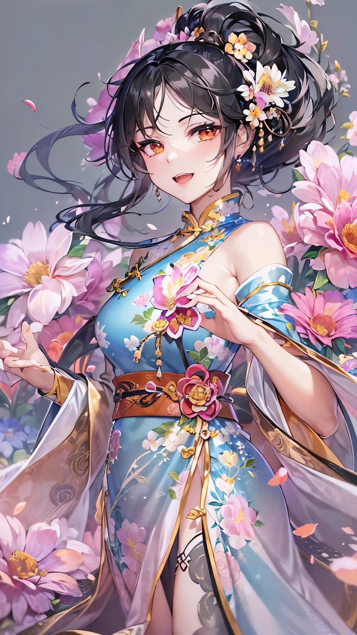 ((Highest quality)),(Ultra-high resolution),(Ultra-detailed new),(Detailed Description),((The best CG)),(masterpiece),Highly detailed art,A wonderful new art form,(Art with precise details:1.5), (Lady:1.4),(A colorful and detailed Chinese dress:1.7),(Beautiful and well-proportioned face:1.6),(Smile:1.4),(Shiny black hair:1.9),(Beautiful feet:1.6),(Intricately detailed and shiny ornaments:1.4),(Taoyaka:1.5),(Supple:1.5), (Colorful flowers々:1.7), (The wind blowing through:1.5), (Gentle sunlight:1.6), Fantasy:1.6,