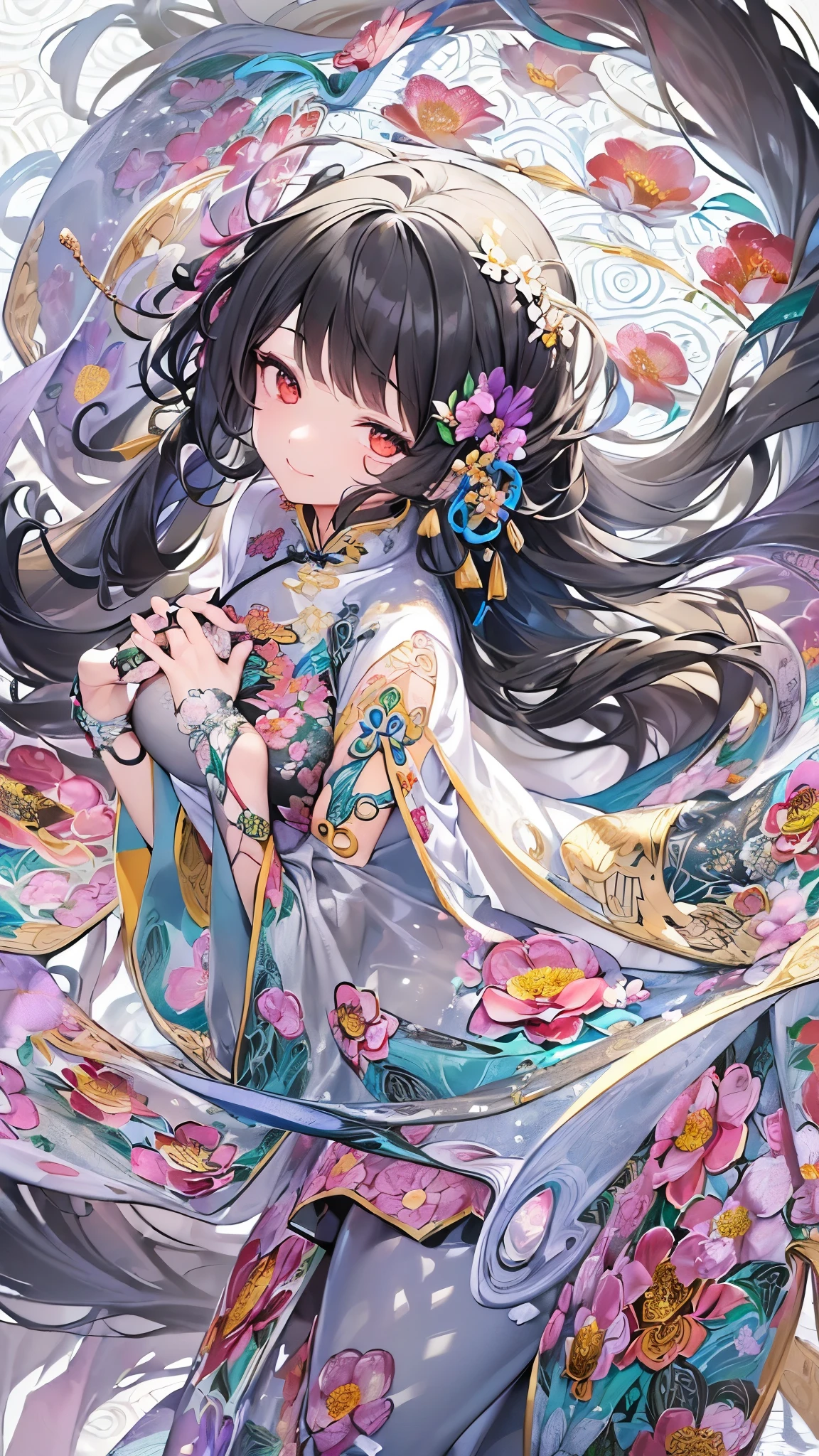 ((Highest quality)),(Ultra-high resolution),(Ultra-detailed new),(Detailed Description),((The best CG)),(masterpiece),Highly detailed art,A wonderful new art form,(Art with precise details:1.5), (Lady:1.4),(A colorful and detailed Chinese dress:1.7),(Beautiful and well-proportioned face:1.6),(Smile:1.4),(Shiny black hair:1.9),(Beautiful feet:1.6),(Intricately detailed and shiny ornaments:1.4),(Taoyaka:1.5),(Supple:1.5), (Colorful flowers々:1.7), (The wind blowing through:1.5), (Gentle sunlight:1.6), Fantasy:1.6,
