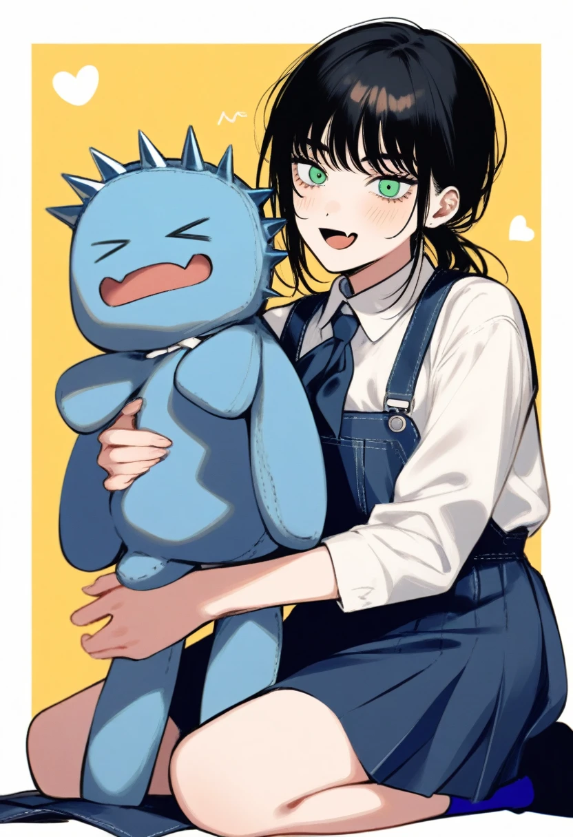 1girl, chainsaw man, mitaka asa, yoru \(chainsaw man\), :d, > <, black hair, blue neckerchief, blue skirt, blue socks, border, choppy bangs, fang, green eyes, heart, neckerchief, open mouth, overall skirt, ponytail, , seiza, shirt, sitting, skin fang, skirt, smile, socks, stuffed toy, two-tone background, white border, white shirt, yellow background