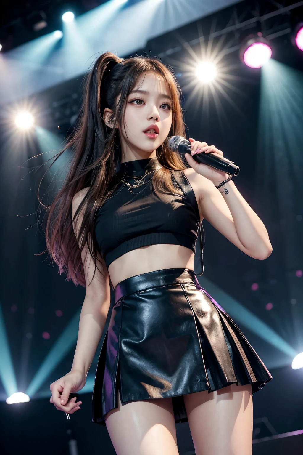 a close up of a woman in a short skirt and a microphone, jisoo from blackpink, jisoo of blackpink, blackpink jennie, bae suzy, portrait jisoo blackpink, lalisa manoban of blackpink, jia, performing on stage, kda, lalisa manobal, sun yunjoo, jossi of blackpink, jinyoung shin, aesthetic!!!!!! female genie