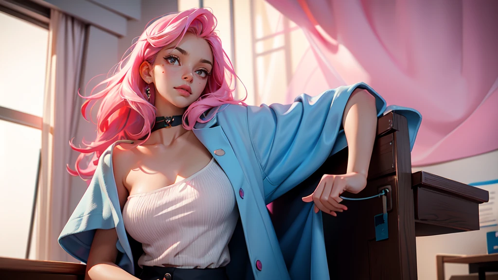 Best Quality, Masterpiece, Portrait, Perfect Anatomy, Femininity, Cool, Flawless, Solo, Sexy, Stylish, Mature, Long Light Pink Hair, Mole Above Lip, Red Lipstick, Big Breasts, With Light Blue Haired Girl As Therapist , doctor's clothes, against the backdrop of the hospital