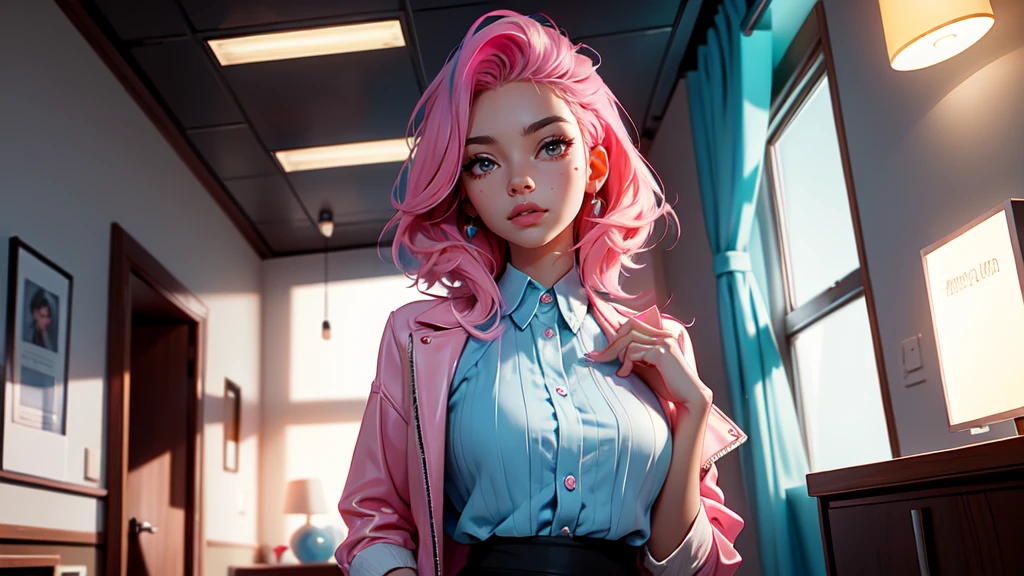 1girl, colorful theme, synthwave sky,(best quality, high quality, high resolution), realistic, ultra-detailed, highly detailed face features, absurdres, realistic lighting and reflections, highly detailed face features, see through shirt, best photo,high quality illustration