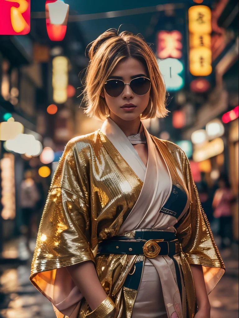 (Masterpiece.UHD.photorealistic) medium full shot. ((Facing camera)). A gorgeous ((((European french Swedish woman)))) in a traditional Japanese kimono. age 23. with a cascading messy bob hairstyle.provocative pose.  wearing (((gold Ray-Ban aviator sunglasses with glitter reflective lens))). ((standing in a blurry, smoky old Tokyo alley in the background))