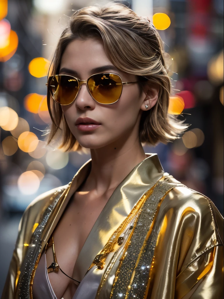 (Masterpiece.UHD.photorealistic) medium full shot. ((Facing camera)). A gorgeous ((((European french Swedish woman)))) in a traditional Japanese kimono. age 23. with a cascading messy bob hairstyle.provocative pose.  wearing (((gold Ray-Ban aviator sunglasses with glitter reflective lens))). ((standing in a blurry, smoky old Tokyo alley in the background))