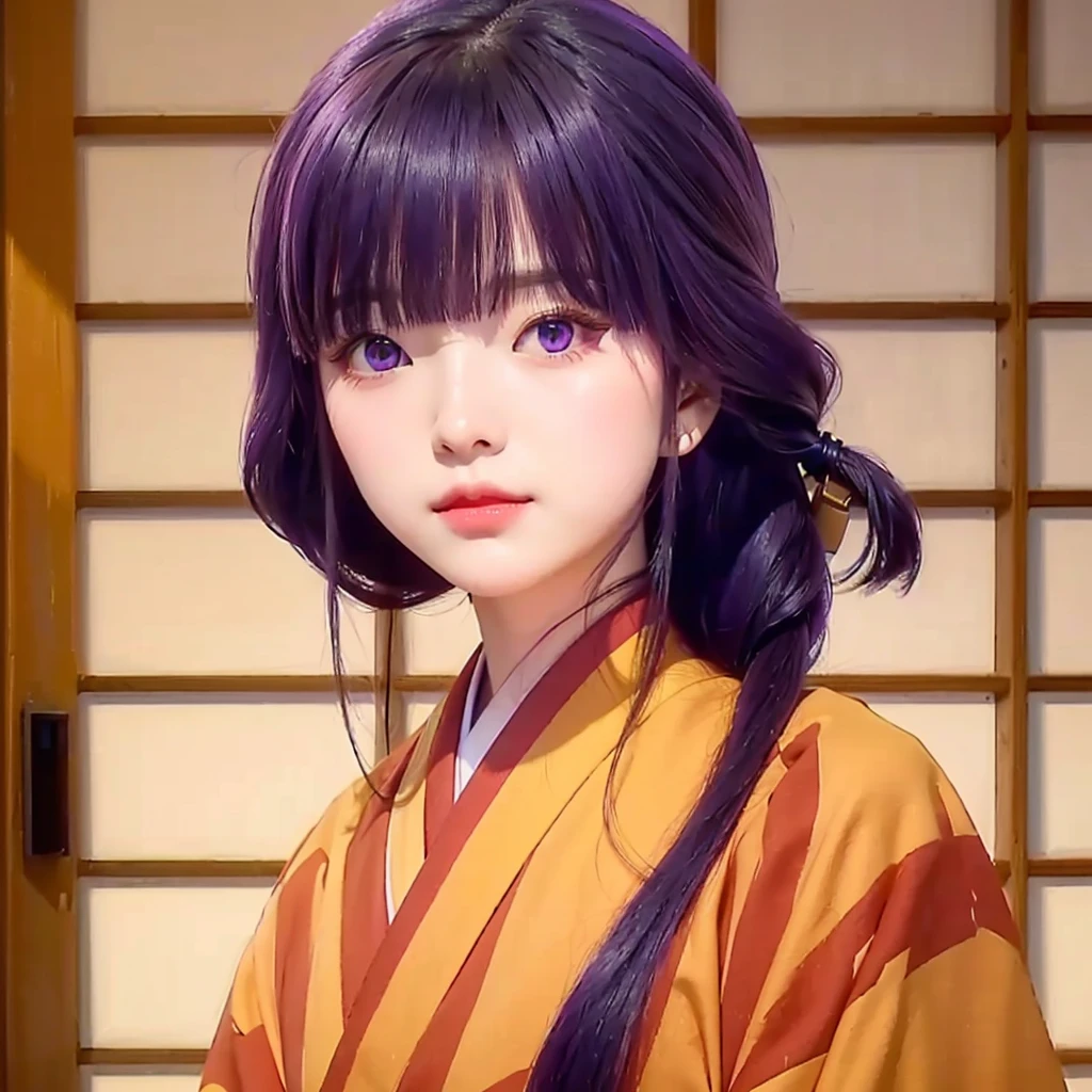 real girl with long hair and purple eyes in a kimono, detailed photo realistis 8k