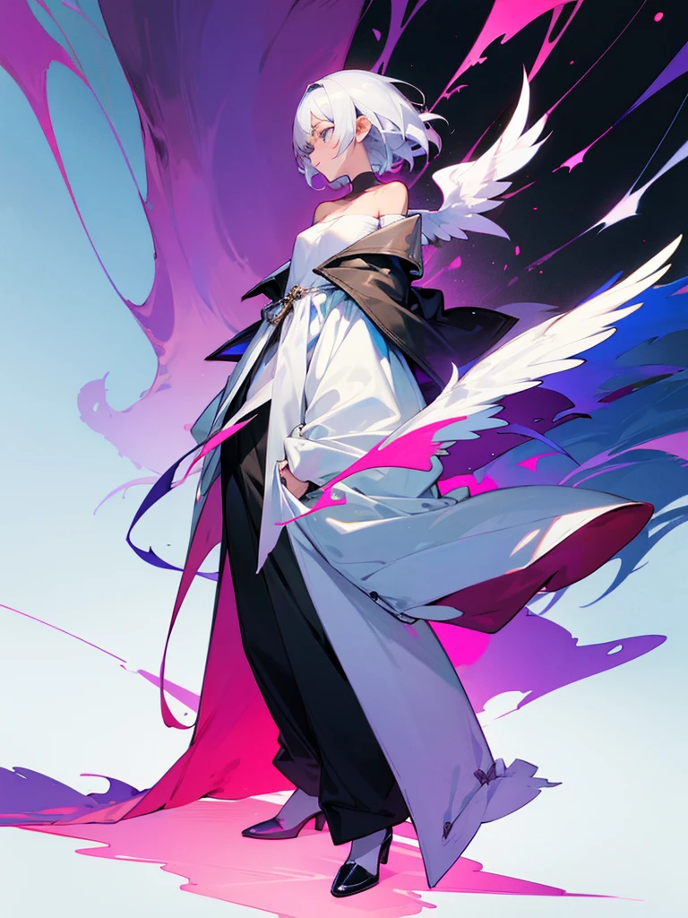 Fashion coat , off shoulder shirt, long pants, shota, full body, wing