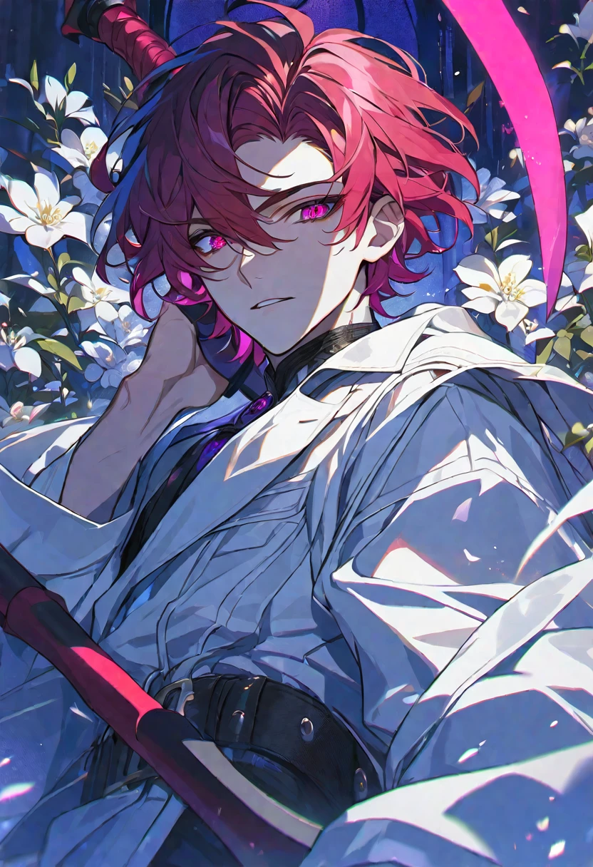solo, handsome, 1 male, white coat, short hair, red hair, magenta eyes, black light, red scythe, white flower