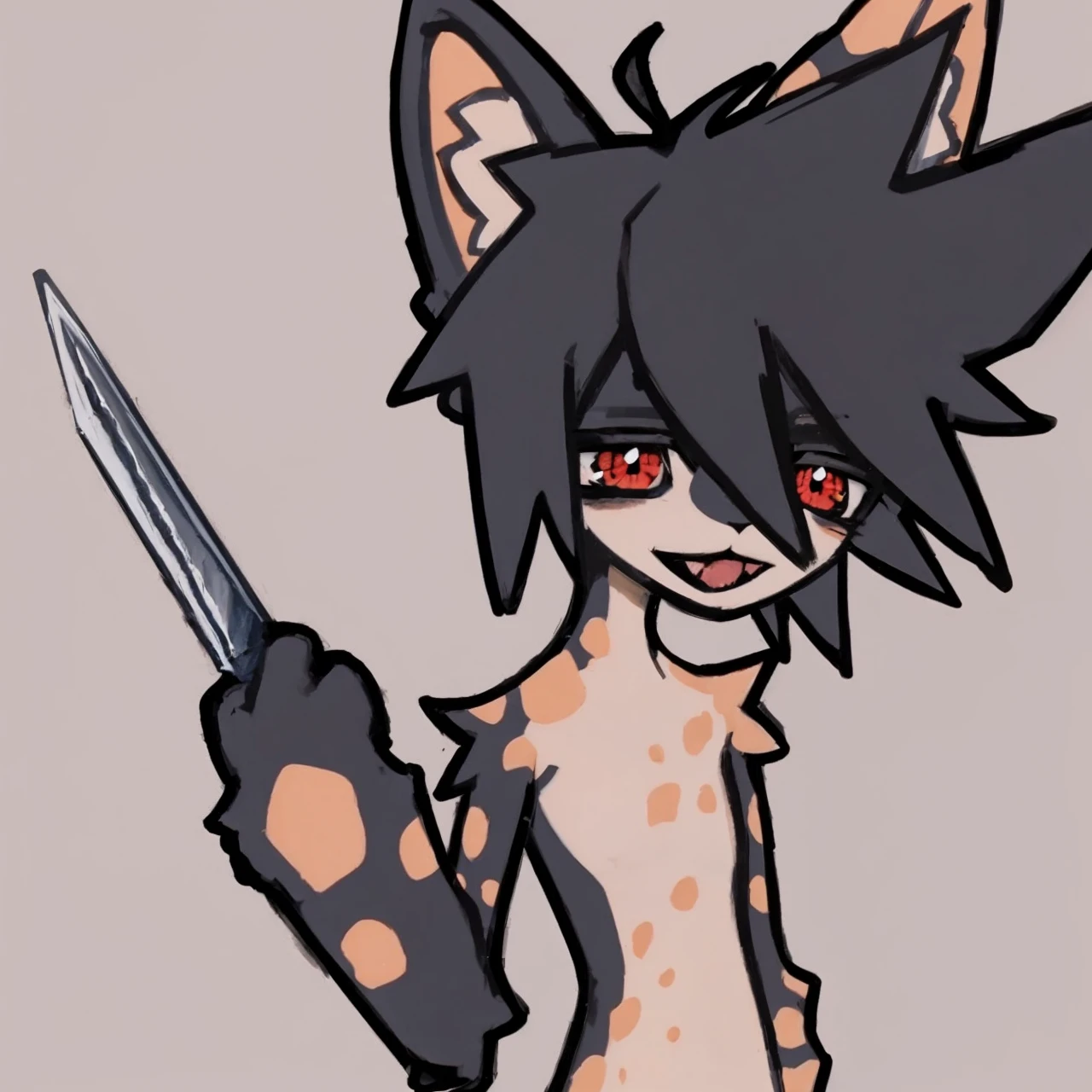 Cool Furry Cat with long ears, holding a knofe, red eyes, black Hair
