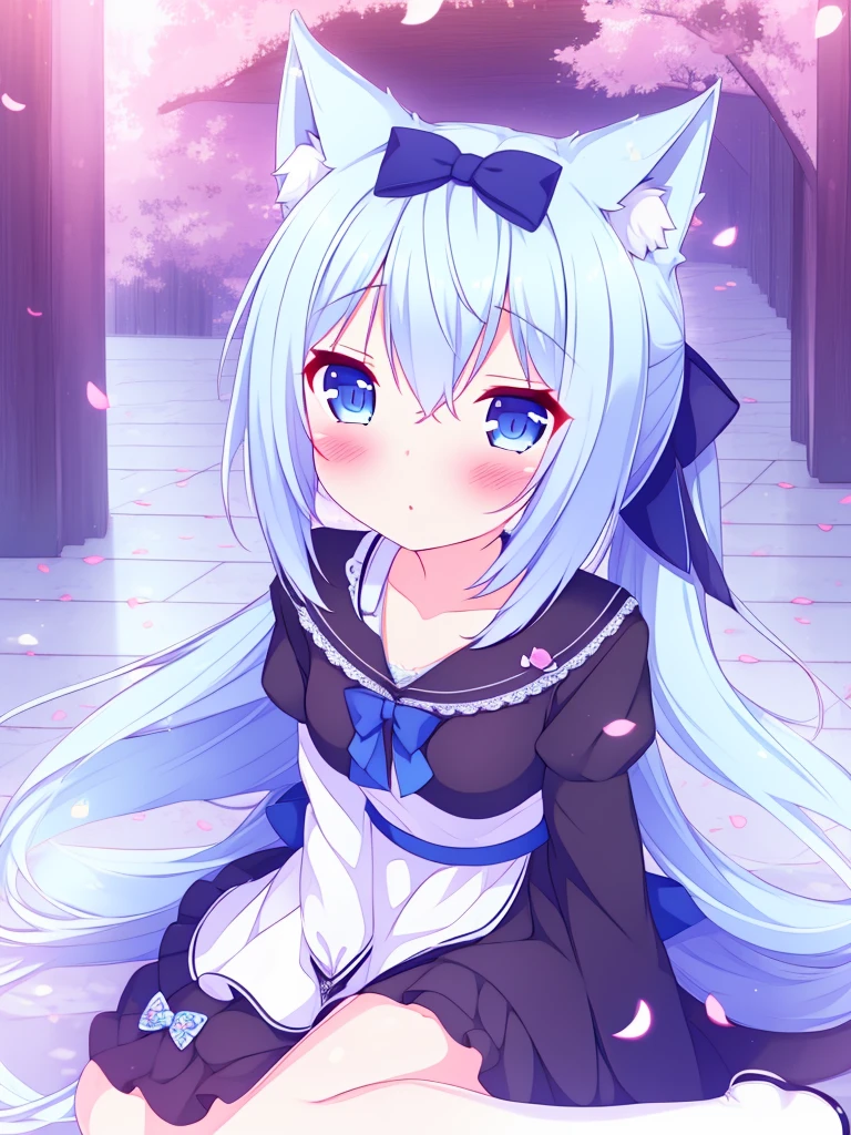 extremely detailed CG unified 8k wallpaper, very fine 8KCG wallpaper, absurderes， ，Best Quality ，Ultra-detail ，Beautiful face ，1girl in, blue bow, animal ear,length hair, Very long hair, long-sleeve, solo,hair between eye, bangss, doress,Cat tail，Show from the hips to the shoulders, Sitting, flat chest, girl,Woman,Female, Little,,10 years old, Long low ponytail, Light blue hair, blush, Cat_Ears, Closed_Bocchi，Small_breasts, blue eyes, pale skin, Black_bow ribbon, Dress, Skirt, flowing lace, just_Legs, White clothes, flower petals, butterflys flying around,