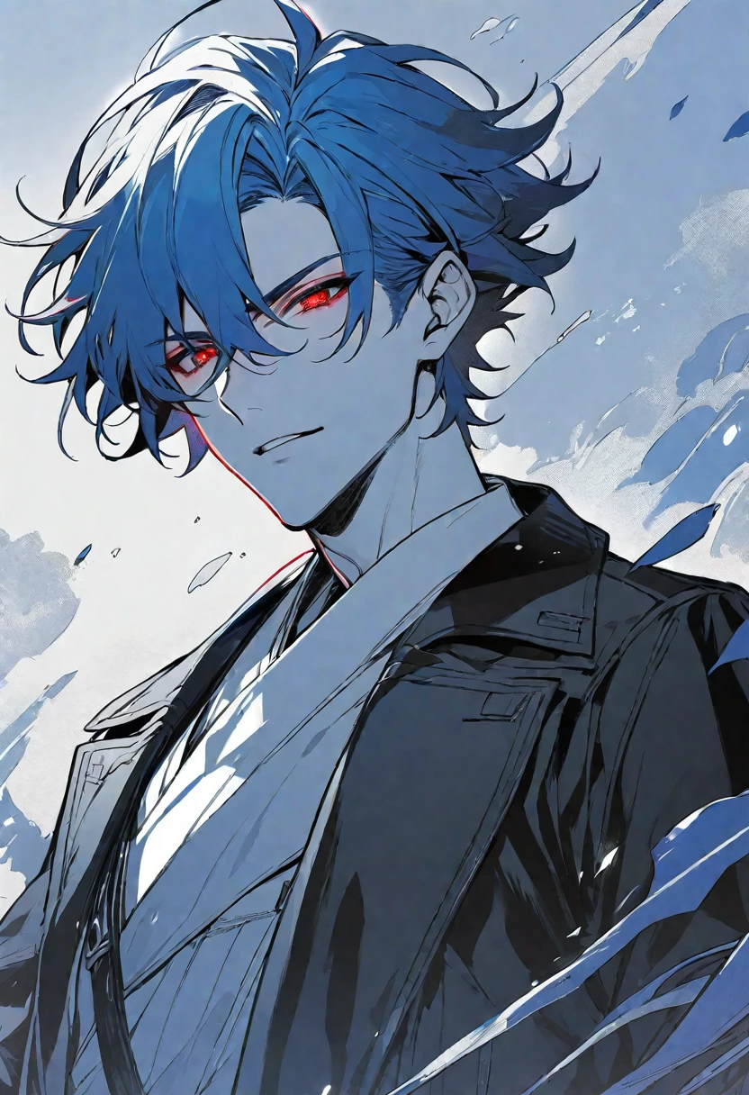 solo, handsome, 1 male, short hair, blue hair, red eyes, black coat, monochrome background