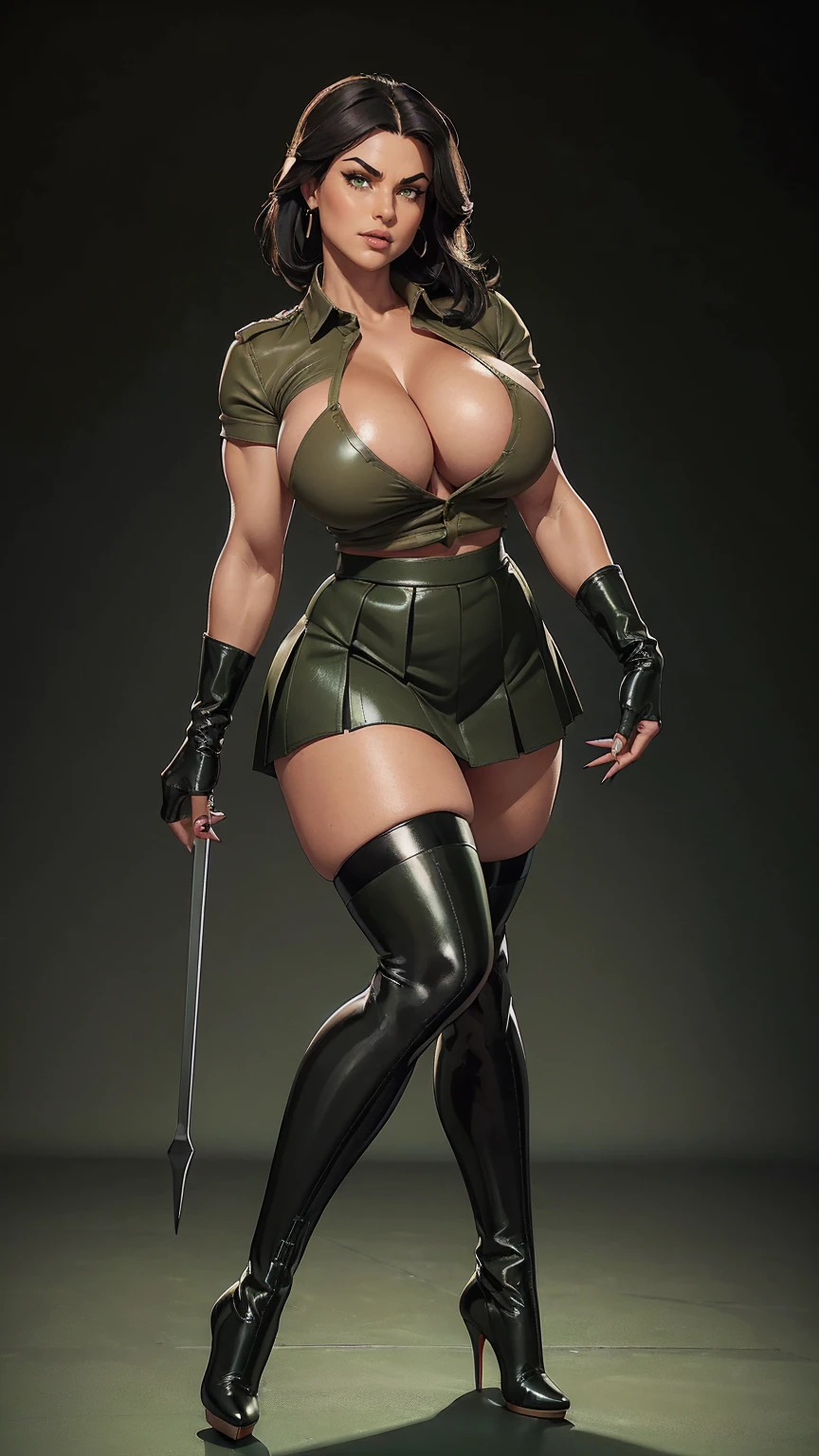 Busty mature Denise Milani, thicc, full body, thick legs, abs, thicc body, ((thick thighs, strong muscular legs:1.5)), green eyes, beautiful eyes, jet-black hair, (short, straight hair:1.3), (huge breasts, olive green leather shirt, cleavage:1.4), masterpiece, highly detailed, look at viewer, happy face, (long pleated skater skirt, stockings:1.3), (black stiletto-heeled military boots:1.3), (elbow gloves:1.2), nylon stockings, transparent stockings, stiletto-heeled boots, long pencil skirt, thick legs, muscular legs, olive green leather, green eyes, boxing ring background,