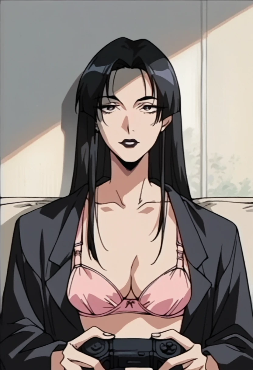 beautyful  japanese woman, slim body, slender body, black jacket,big long fringe black hair, black lipstick, pink bra, milf, k chocker, playing videogame