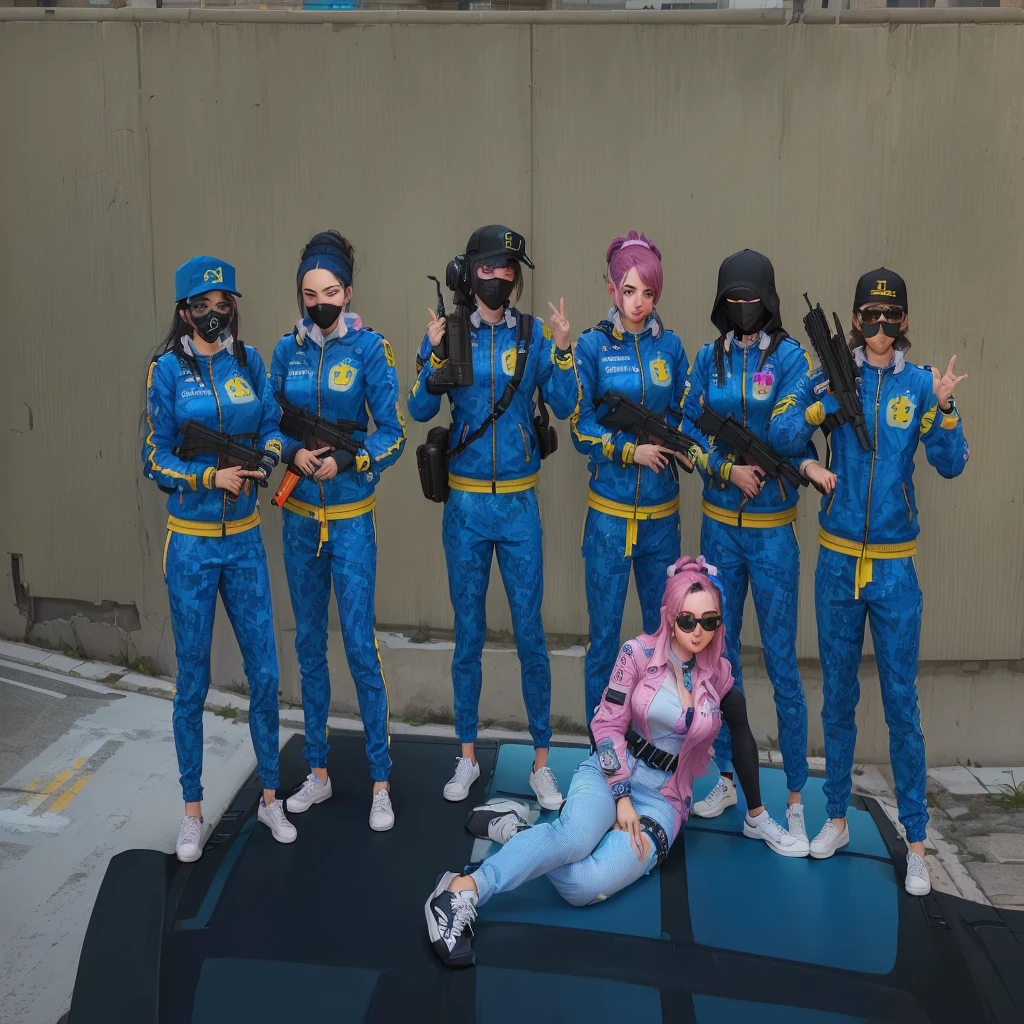 há um grupo de pessoAs de terno azul em cima de um carro, the banana blue gang, muitos npcs nAs ruAs, portrait of a pink gang, no cyberpunk 2077, Equipe SWAT Kawaii, !!posando_As_span_jantar, team fortress style, they are all lying down, zoomed out shot, riot in a cyberpunk city