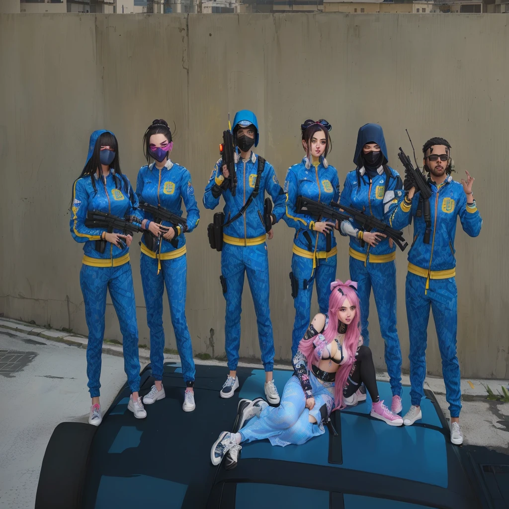 há um grupo de pessoAs de terno azul em cima de um carro, the banana blue gang, muitos npcs nAs ruAs, portrait of a pink gang, no cyberpunk 2077, Equipe SWAT Kawaii, !!posando_As_span_jantar, team fortress style, they are all lying down, zoomed out shot, riot in a cyberpunk city