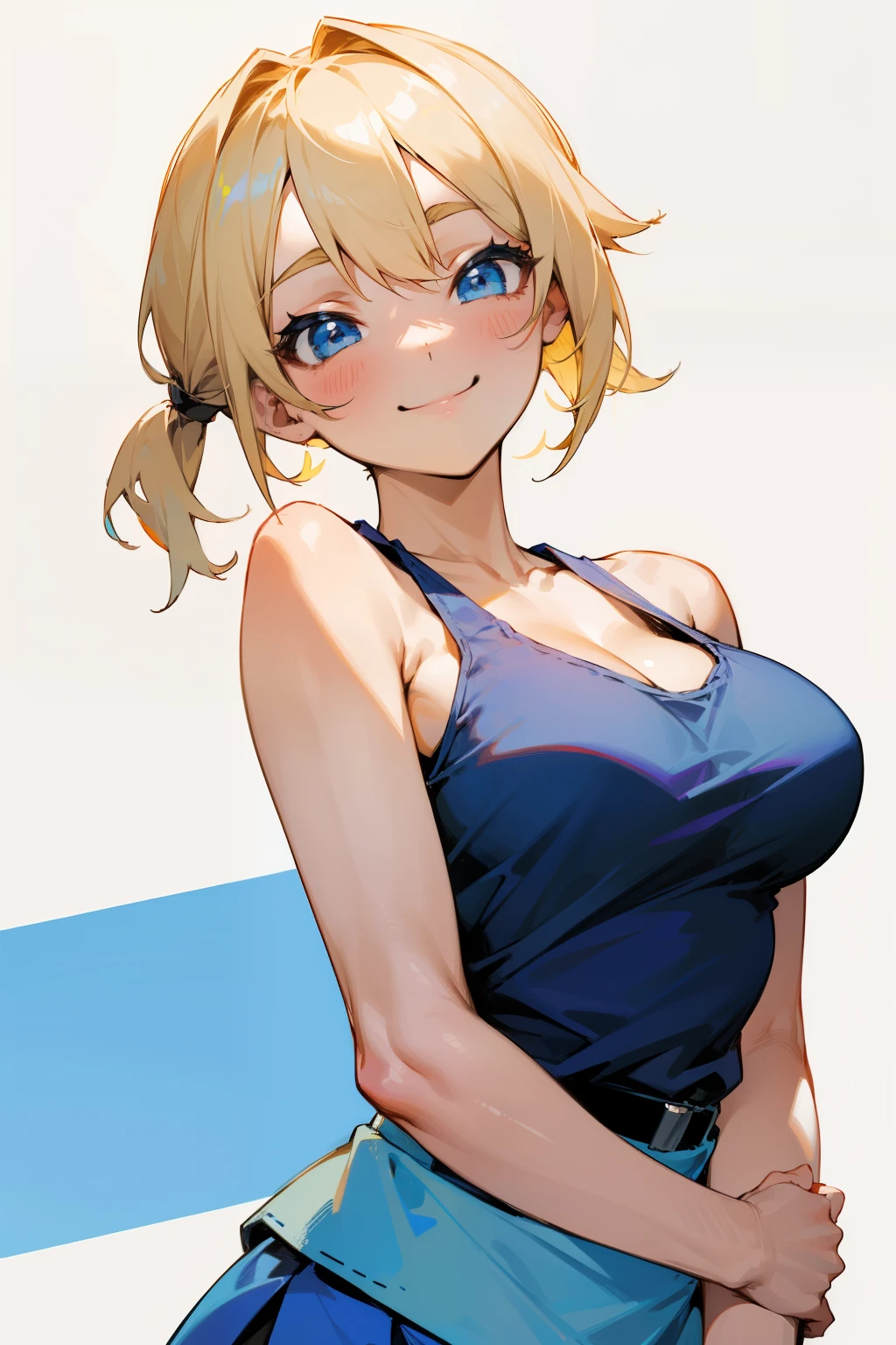 Cute girl, short blonde hair, pigtails, blue eyes, blue dress, blue tank top, wide black belt, short blue skirt, big breasts, smile
