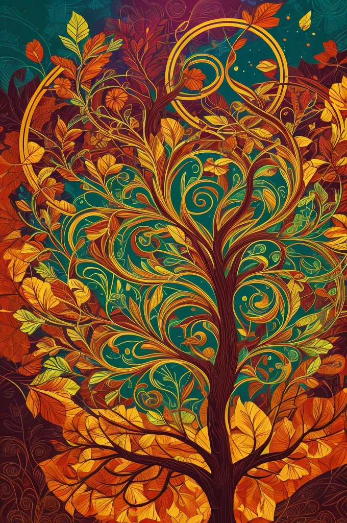 circular tree,four seasons,spring,summer,autumn,winter,leaves,roots,branches,trunk,ornate border,decorative,digital illustration,artwork,movement,time,swirling background,dark background,vibrant colors,natural,life cycle,growth,change,nature,life,peace,harmony,spirituality,symbolism,digital art,illustration,painting,graphic design,art,design,digital media,online art,visual art,fine art,fantasy