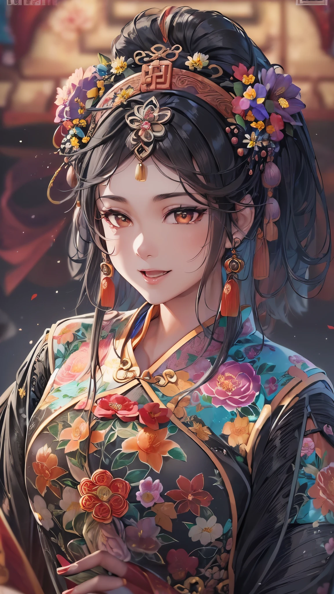 ((Highest quality)),(Ultra-high resolution),(Ultra-detailed new),(Detailed Description),((The best CG)),(masterpiece),Highly detailed art,A wonderful new art form,(Art with precise details:1.5), (Lady:1.4),(A colorful and detailed Chinese dress:1.7),(Beautiful and well-proportioned face:1.6),(Smile:1.4),(Shiny black hair:1.9),(Beautiful feet:1.6),(Intricately detailed and shiny ornaments:1.4),(Taoyaka:1.5),(Supple:1.5), (Colorful flowers々:1.7), (The wind blowing through:1.5), (Gentle sunlight:1.6), Fantasy:1.6,
