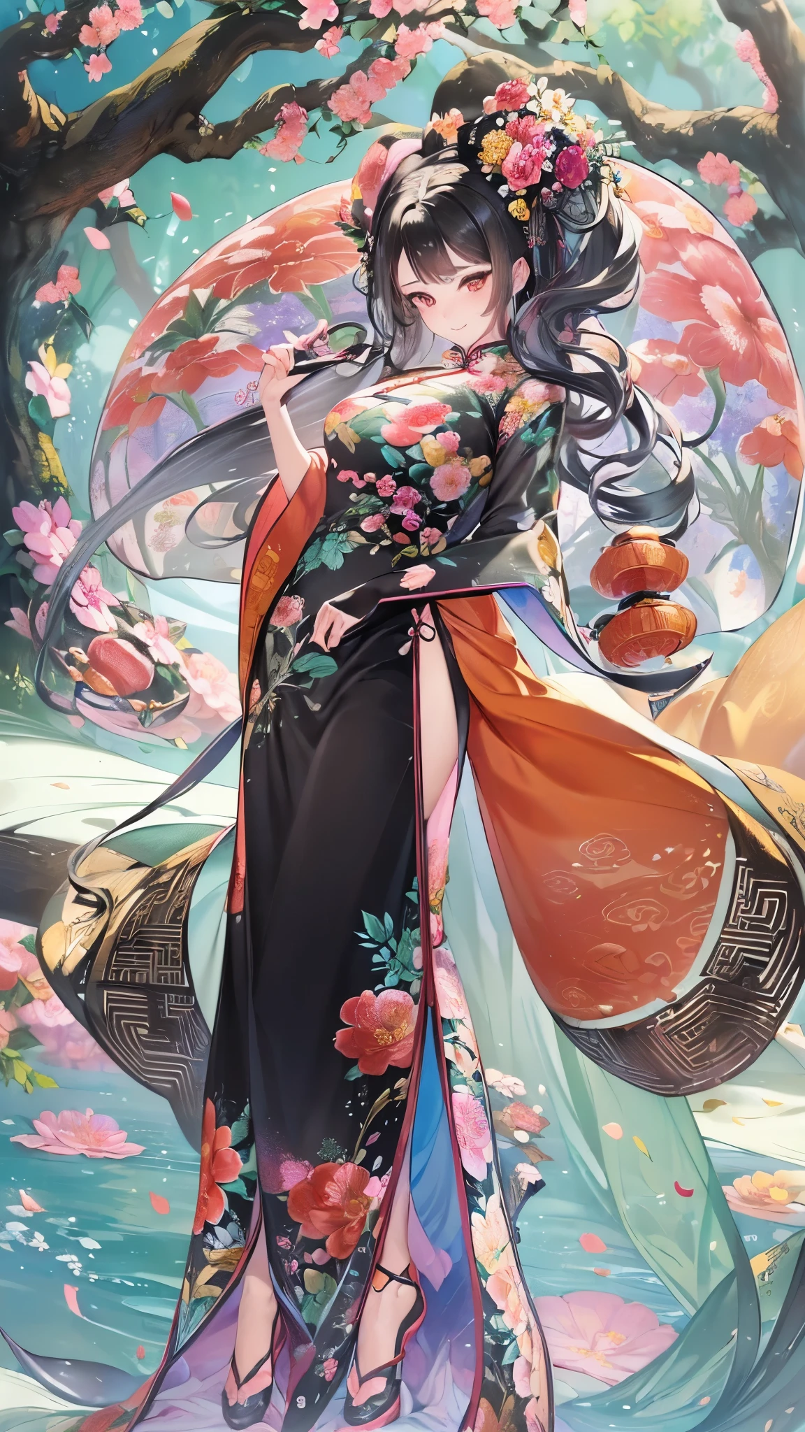 ((Highest quality)),(Ultra-high resolution),(Ultra-detailed new),(Detailed Description),((The best CG)),(masterpiece),Highly detailed art,A wonderful new art form,(Art with precise details:1.5), (Lady:1.4),(A colorful and detailed Chinese dress:1.7),(Beautiful and well-proportioned face:1.6),(Smile:1.4),(Shiny black hair:1.9),(Beautiful feet:1.6),(Intricately detailed and shiny ornaments:1.4),(Taoyaka:1.5),(Supple:1.5), (Colorful flowers々:1.7), (The wind blowing through:1.5), (Gentle sunlight:1.6), Fantasy:1.6,