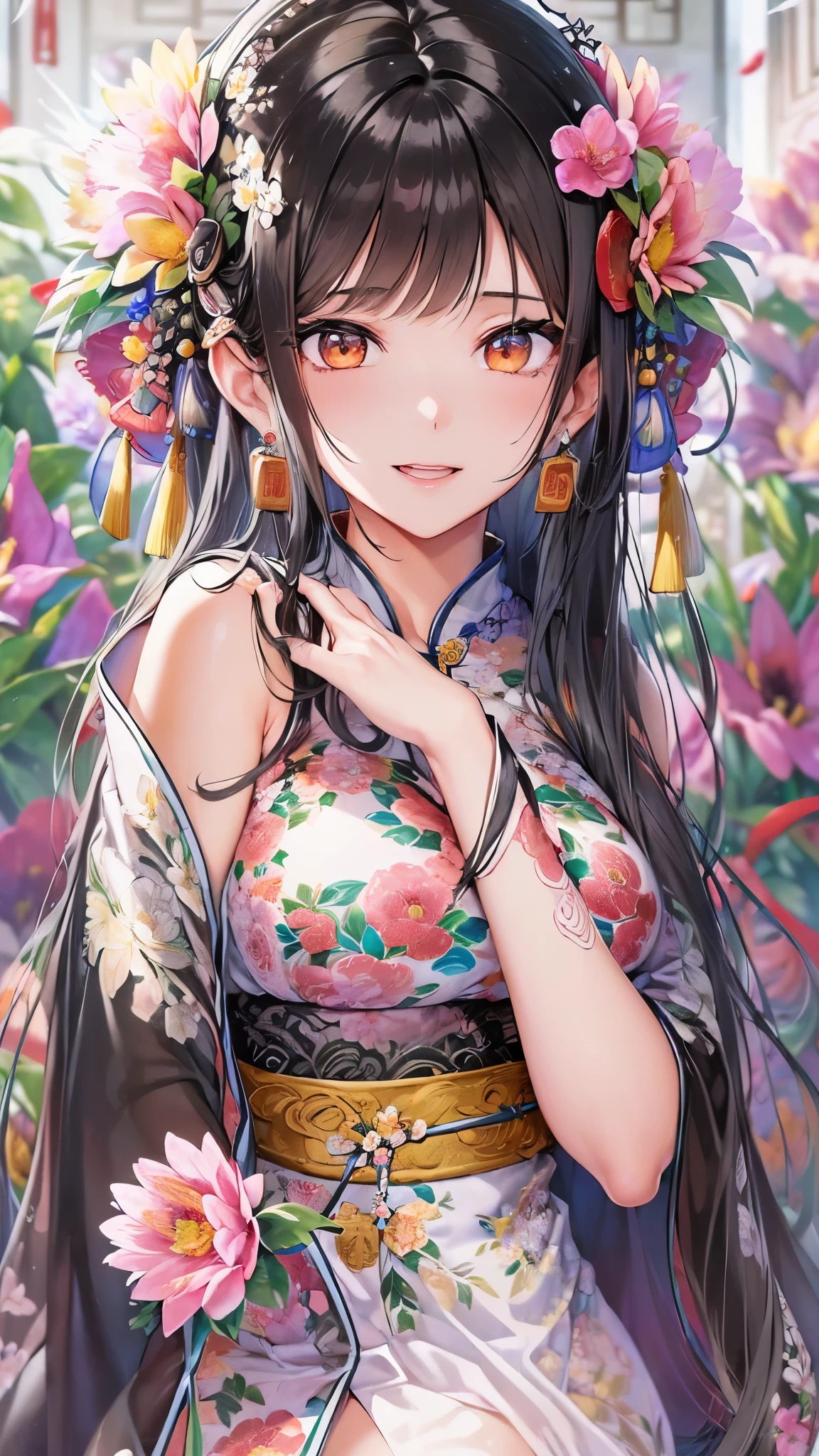 ((Highest quality)),(Ultra-high resolution),(Ultra-detailed new),(Detailed Description),((The best CG)),(masterpiece),Highly detailed art,A wonderful new art form,(Art with precise details:1.5), (Lady:1.4),(A colorful and detailed Chinese dress:1.7),(Beautiful and well-proportioned face:1.6),(Smile:1.4),(Shiny black hair:1.9),(Beautiful feet:1.6),(Intricately detailed and shiny ornaments:1.4),(Taoyaka:1.5),(Supple:1.5), (Colorful flowers々:1.7), (The wind blowing through:1.5), (Gentle sunlight:1.6), Fantasy:1.6,