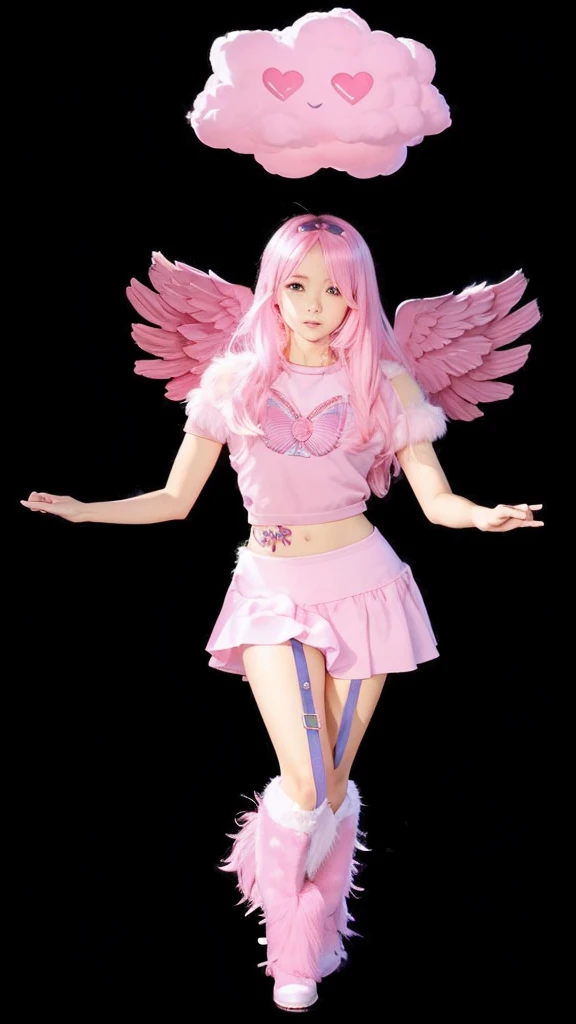 A thin girl with small pink wings, pink straight hair, um cropped Rosa, a pink skirt, a pink furry boot and a fluffy cloud over the head.