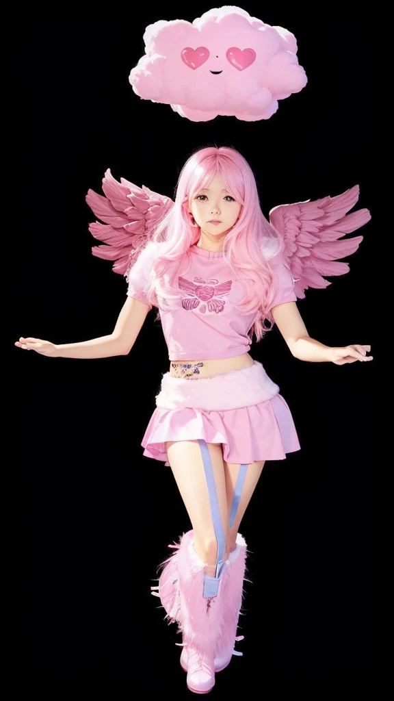 A thin girl with small pink wings, pink straight hair, um cropped Rosa, a pink skirt, a pink furry boot and a fluffy cloud over the head.