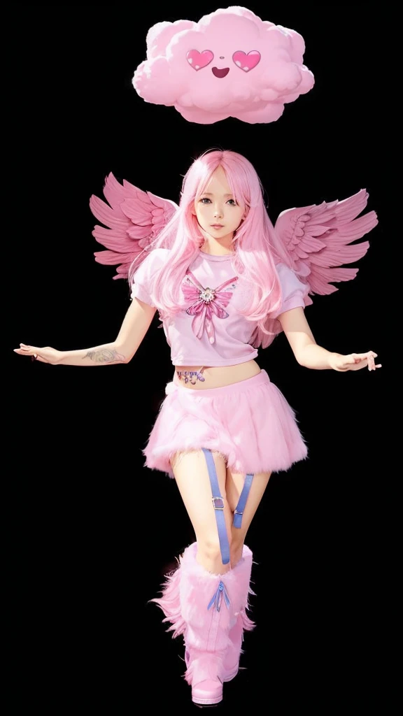 A thin girl with small pink wings, pink straight hair, um cropped Rosa, a pink skirt, a pink furry boot and a fluffy cloud over the head.