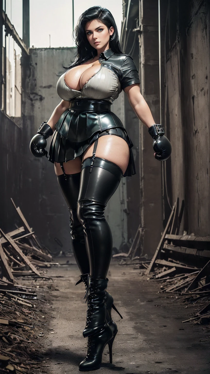 (masterpiece, Top quality, best quality, official art, beautiful and aesthetic: 1.2), (gorgeousand stunning Denise Milani), extremely detailed, colourful, Highly detailed, (short, straight jet-black hair:1.3), (green eyes), ((black leather army shirt, buttoned up:1.3)), ((black leather pleated skirt:1.3)), ((nylon stockings:1.3)), ((black boxing gloves:1.3)), ((short stiletto-heeled military boots)), ((huge breasts:1.4)), ((deep cleavage:1.3)), ((firm round breasts:1.5)), ((thicc, thick thighs:1.5)), sexy nylon stockings, (full body portrait:1.3), intimidating pose in an abandoned factory,