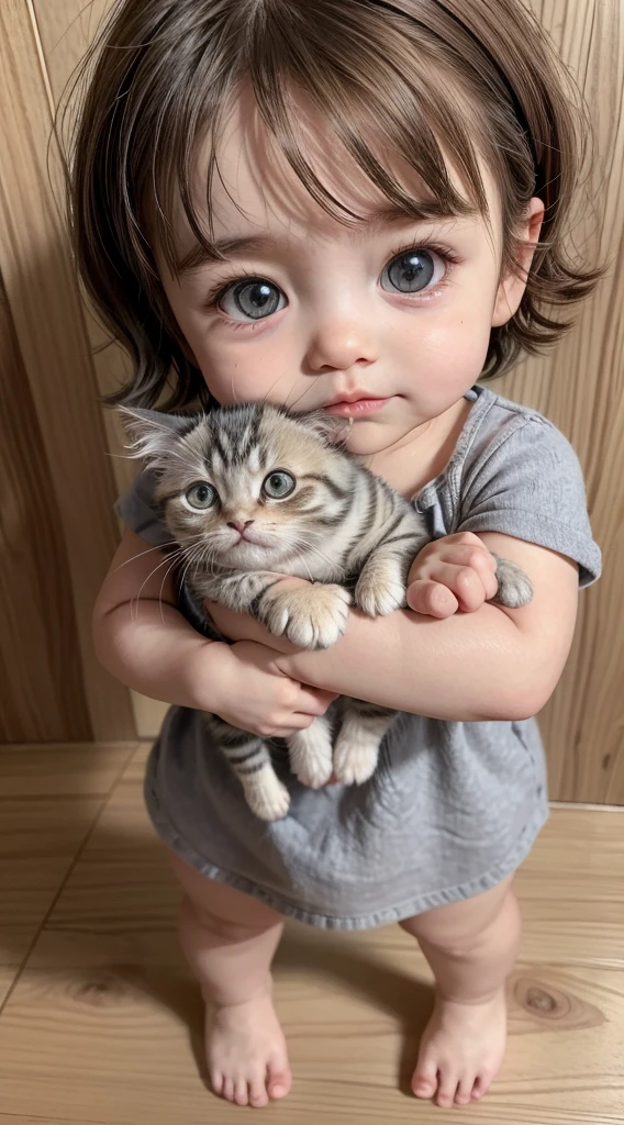 girl, cute miniature, chibi style, short hair, light brown hair, light skin, holding a gray kitten, full body