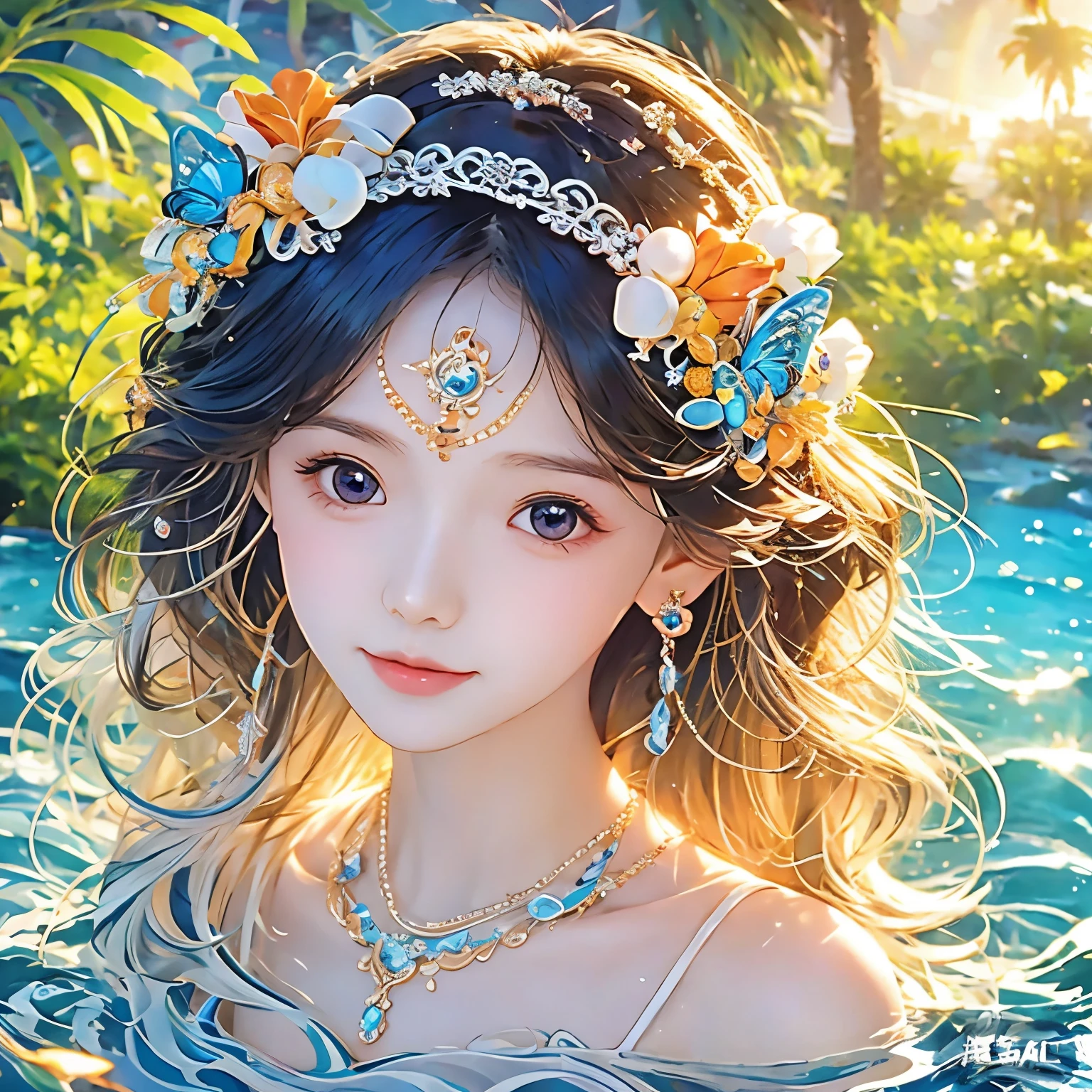 Wavy hair Wavy hair（（（Eyes are very fragile））），（（（Hair accessories））），necklace，Head close-up，1 young girl，Ink style（（artwork）））， （（best quality））， （（Intricate details））， （（Surreal））（8K）