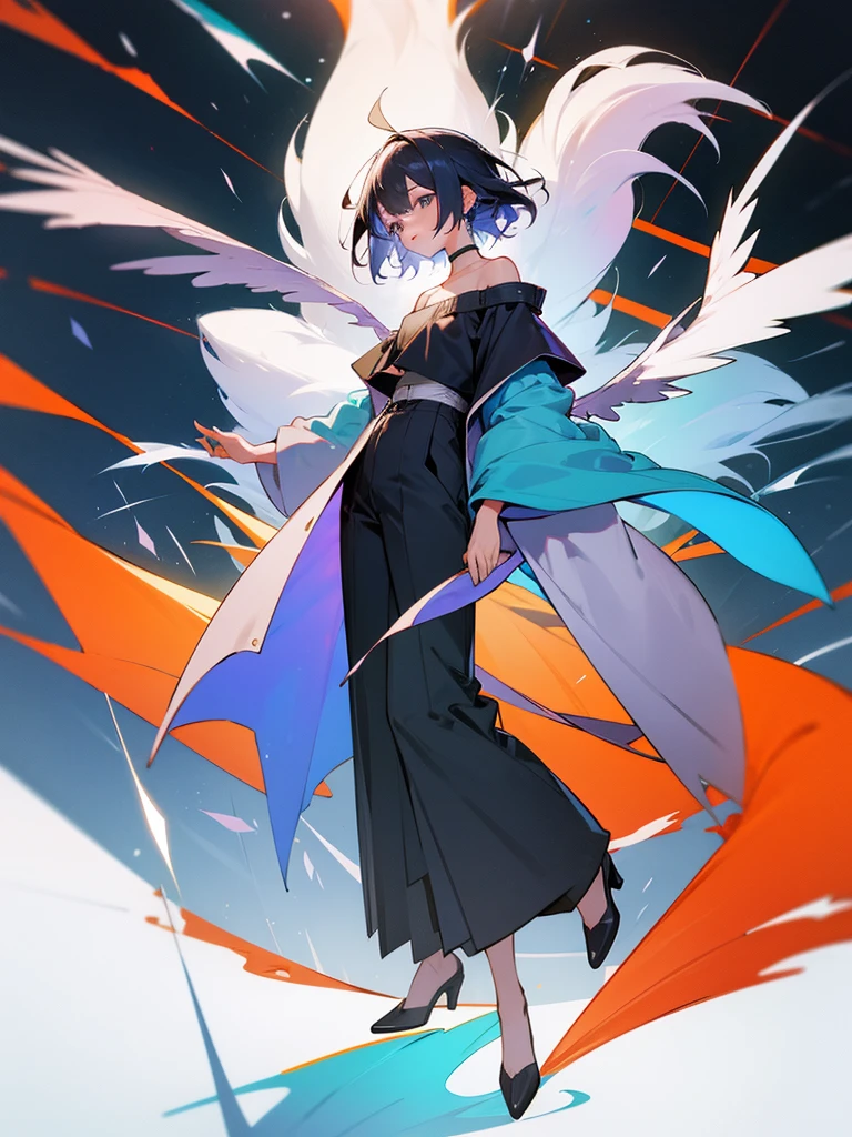 Fashion coat , off shoulder shirt, long pants, shota, full body, wing