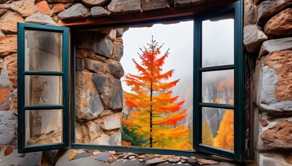 In the window of an old house, there is a view outside with many towering rocks surrounded by clouds and mist. The pine tree next to it has colorful leaves on its branches. In autumn, warm sunlight shines through the cracks of broken walls onto them. This scene was captured, presenting stunning scenery with ultrahigh resolution and high details. It's a masterpiece that shows the best quality of photography in the style of Canon cameras.