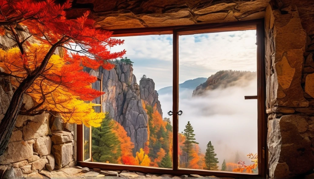 In the window of an old house, there is a view outside with many towering rocks surrounded by clouds and mist. The pine tree next to it has colorful leaves on its branches. In autumn, warm sunlight shines through the cracks of broken walls onto them. This scene was captured, presenting stunning scenery with ultrahigh resolution and high details. It's a masterpiece that shows the best quality of photography in the style of Canon cameras.