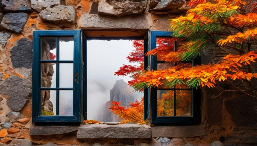 In the window of an old house, there is a view outside with many towering rocks surrounded by clouds and mist. The pine tree next to it has colorful leaves on its branches. In autumn, warm sunlight shines through the cracks of broken walls onto them. This scene was captured, presenting stunning scenery with ultrahigh resolution and high details. It's a masterpiece that shows the best quality of photography in the style of Canon cameras.
