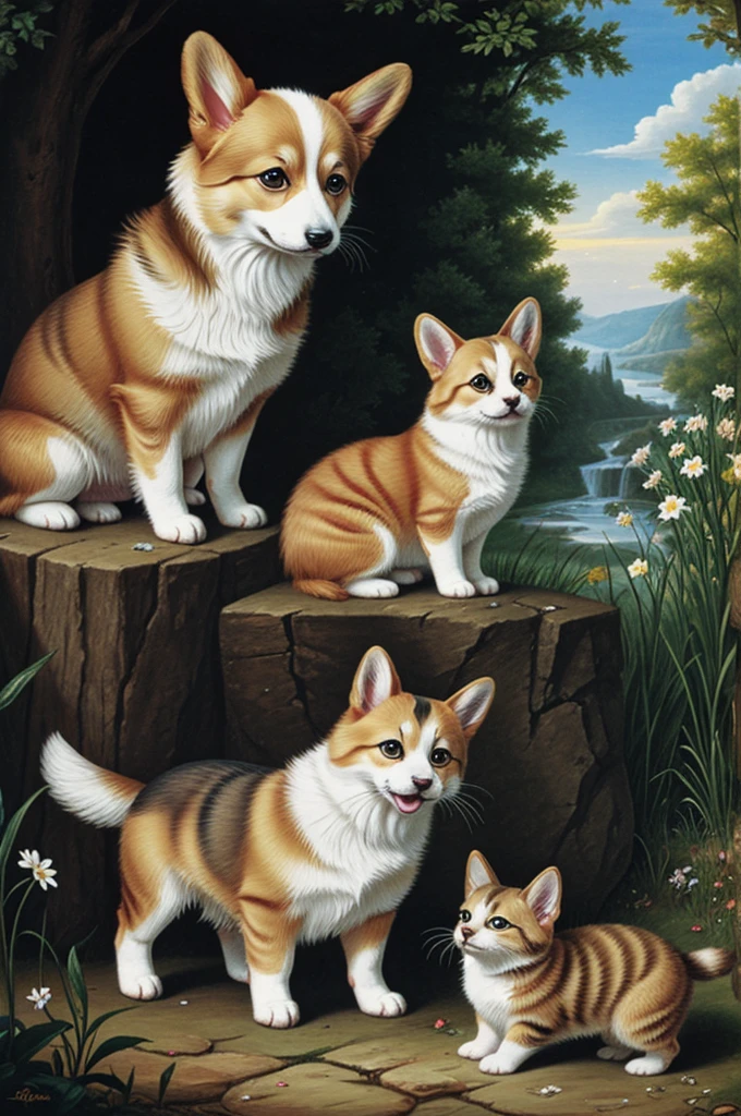 Illustration for a fairy tale, how a corgi dog helps a kitten