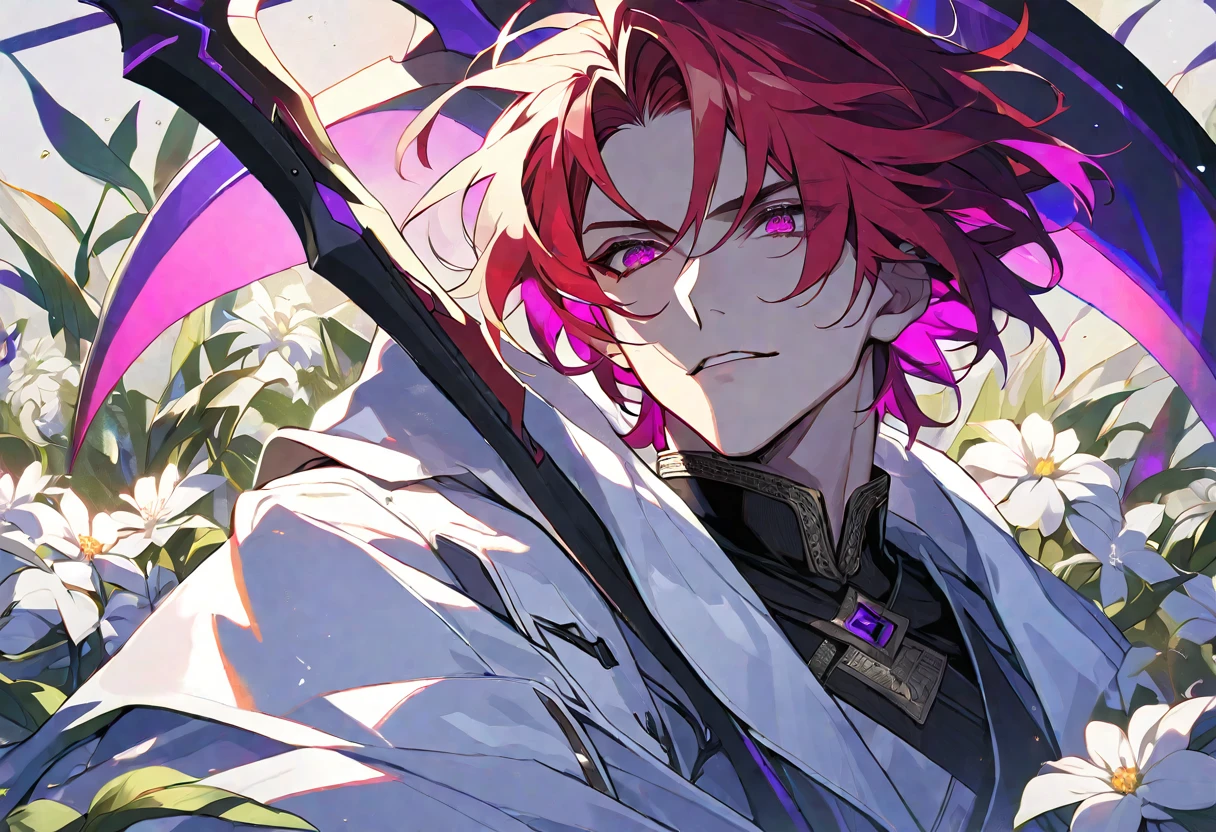 solo, handsome, 1 male, white coat, short hair, red hair, magenta eyes, black light, red scythe, white flower