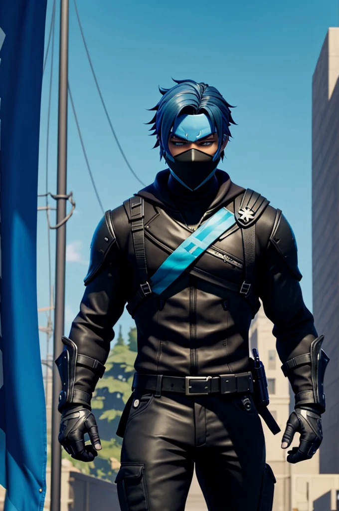Character from the fortnite game with a black suit, black mask, slim black pants, with blue hair and a flag that says shinzo sosayo