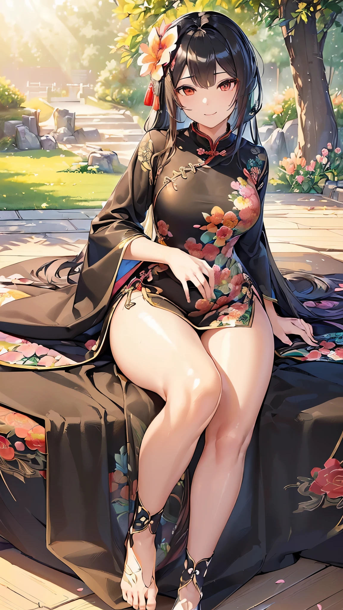 ((Highest quality)),(Ultra-high resolution),(Ultra-detailed new),(Detailed Description),((The best CG)),(masterpiece),Highly detailed art,A wonderful new art form,(Art with precise details:1.5), (Lady:1.4),(A colorful and detailed Chinese dress:1.7),(Beautiful and well-proportioned face:1.6),(Smile:1.4),(Shiny black hair:1.9),(Beautiful feet:1.6),(Intricately detailed and shiny ornaments:1.4),(Taoyaka:1.5),(Supple:1.5), (Colorful flowers々:1.7), (The wind blowing through:1.5), (Gentle sunlight:1.6), Fantasy:1.6,