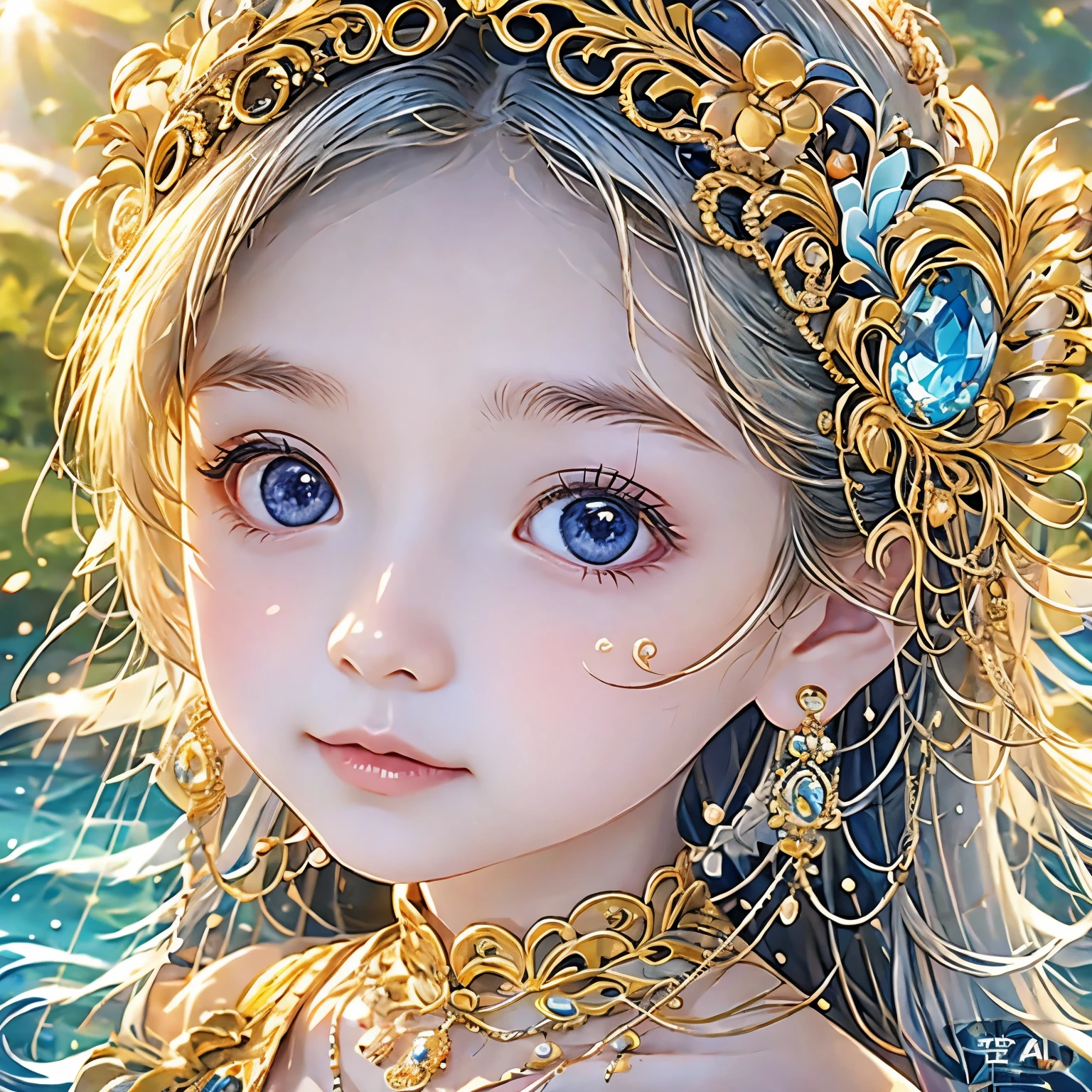 Wavy hair Wavy hair（（（Eyes are very fragile））），（（（Hair accessories））），necklace，Head close-up，****ung girl，Ink style（（artwork）））， （（best quality））， （（Intricate details））， （（Surreal））（8K）