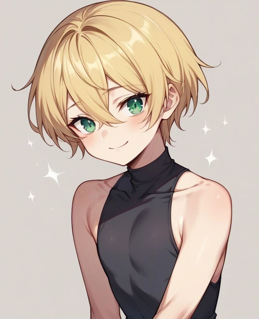 (One girl)、((short hair))、((Blonde))、(Sato Air)、((boyish))、Crossdresser、((flat chest))、green eyes、wizard、magic、Black sleeveless、((hairs between eyes))、light smile