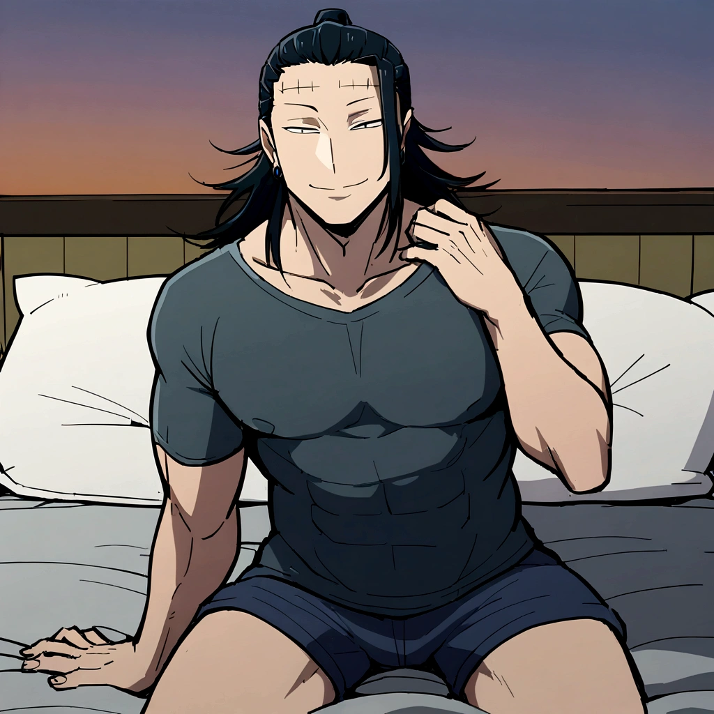 1 man, Suguru Geto, Bed, in shorts, twilight, intimate, Sly smile, looks straight into the camera, full length on the bed