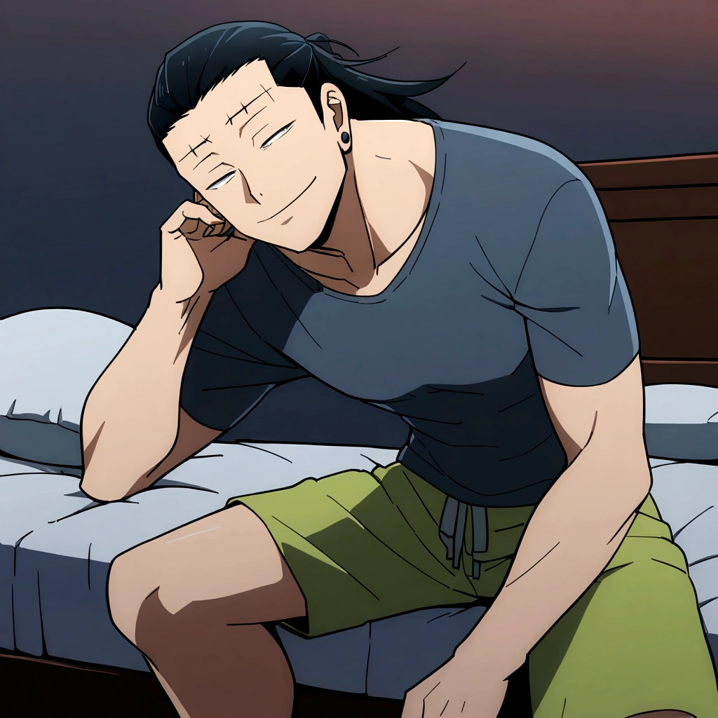 1 man, Suguru Geto, Bed, in shorts, twilight, intimate, Sly smile, looks straight into the camera, full length on the bed
