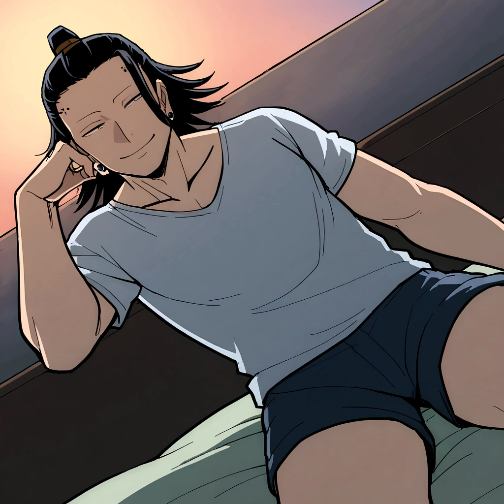 1 man, Suguru Geto, Bed, in shorts, twilight, intimate, Sly smile, looks straight into the camera, full length on the bed