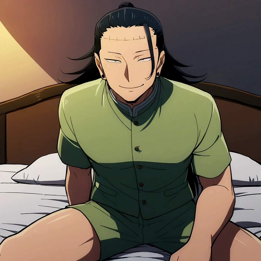 1 man, Suguru Geto, Bed, in shorts, twilight, intimate, Sly smile, looks straight into the camera, full length on the bed