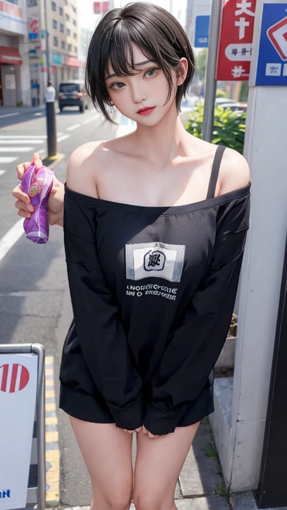 masterpiece、highest quality、be familiar with、1 female、18-year-old、blue eyes、bionde、black skin、(((oil skin))),shiny skin, short hair、(A girl wearing an oversized plain T-shirt with bare shoulders)、Seductive thighs、big breasts、big breasts、A woman went shopping、Angle from above、embarrassed face、from the front、upward glance、background bokeh、In front of the convenience store cashier counter、A girl who came to buy condoms、Place condoms and alcohol on the cashier counter、(orgasm:1.5), (Full of embarrassment)