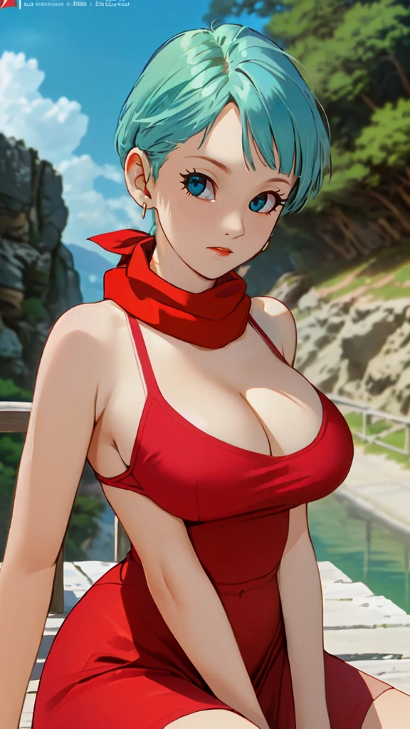 masterpiece, best quality, highest quality, (perfect lighting), (photorealistic), perfect anatomy, perfect face, perfect eyes, 
 bulmadbzreddress, aquamarine hair, short hair, blue eyes, earrings, red dress, yellow scarf, blue sky, clouds, on a cliff looking at a city, (BishoujoMom: 1.5), very tight red dress, legs that open, ((huge breasts, cleavage))), ((thick thighs, hourglass figure)), (topless), 1.5) ((thick red lips), ((blue eyes)), ((aquamarine hair)) photorealistic, photo, masterpiece, realistic, realism,  photorealism, photorealism, high contrast, photorealistic digital art trend on Artstation 8k HD HD realistic detailed, detailed, skin texture, hyper detailed, realistic skin texture, best quality, ultra high resolution (photorealistic: 1.4), high resolution, detailed, raw photo, sharp re, by Lee Jeffries nikon d850 film stock photography 4 Kodak Portra 400 camera F1.6 lens rich colors realistic texture hyper-realistic dramatic lighting unrealEngine trend in ArtStation CineStill 800,