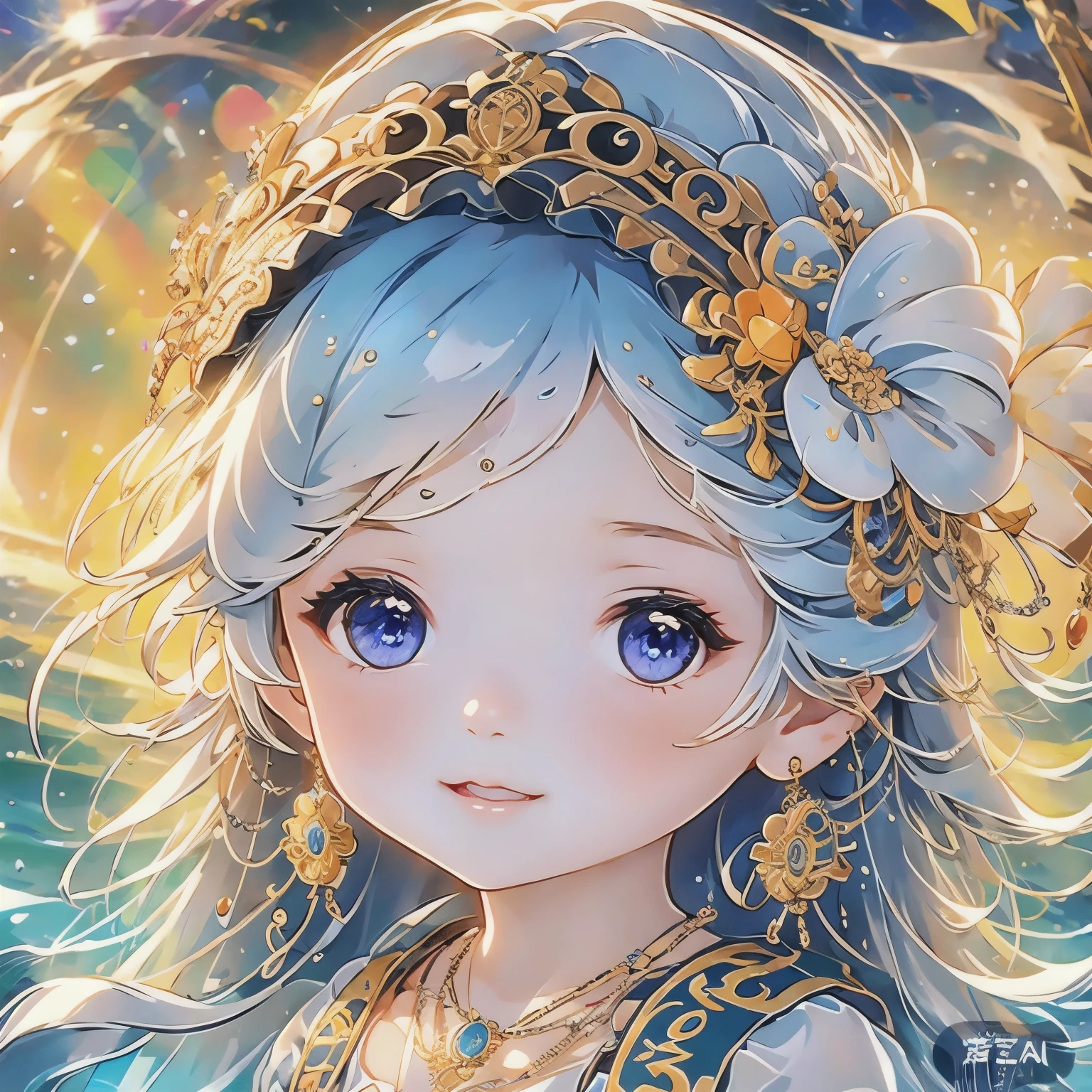 Wavy hair Wavy hair（（（Eyes are very fragile））），（（（Hair accessories））），necklace，Head close-up，1 young girl，Ink style（（artwork）））， （（best quality））， （（Intricate details））， （（Surreal））（8K）