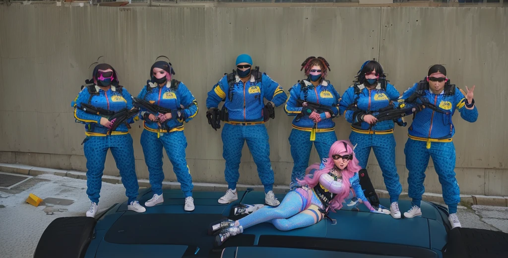 há um grupo de pessoAs de terno azul em cima de um carro, the banana blue gang, muitos npcs nAs ruAs, portrait of a pink gang, no cyberpunk 2077, Equipe SWAT Kawaii, !!posando_As_span_jantar, team fortress style, they are all lying down, zoomed out shot, riot in a cyberpunk city